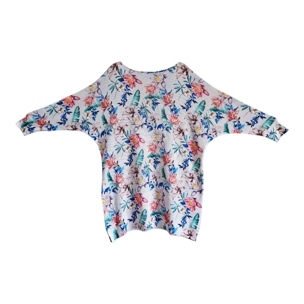 M Made in Italy Women's L Tunic Sweater Watercolor Floral Boatneck Artsy 48"